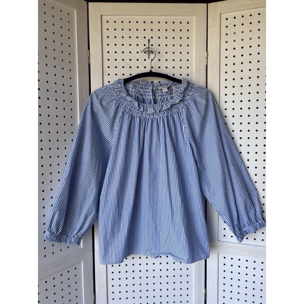 J. Crew 3/4 SLV Women's S Blue White Stripe Popover Blouse Cotton Stretch Preppy
